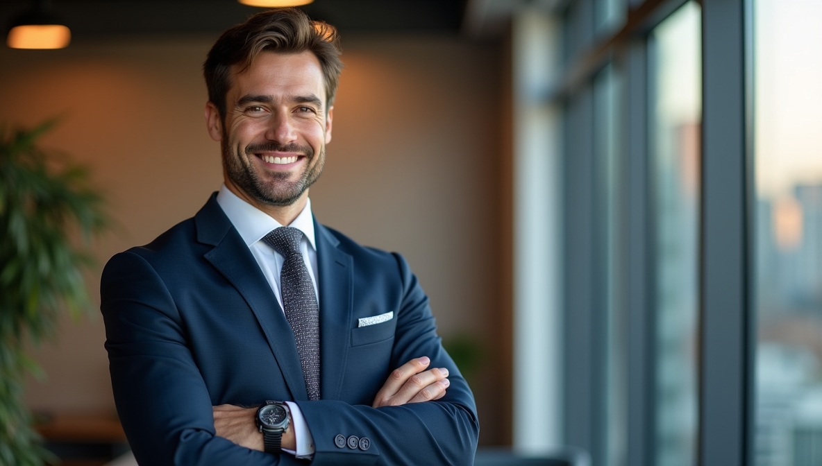 Editorial portrait of a confident client in tailored suit