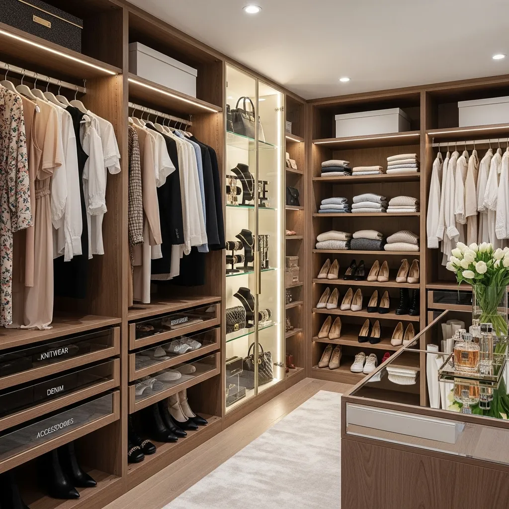 Stylish wardrobe closet with organized outfits